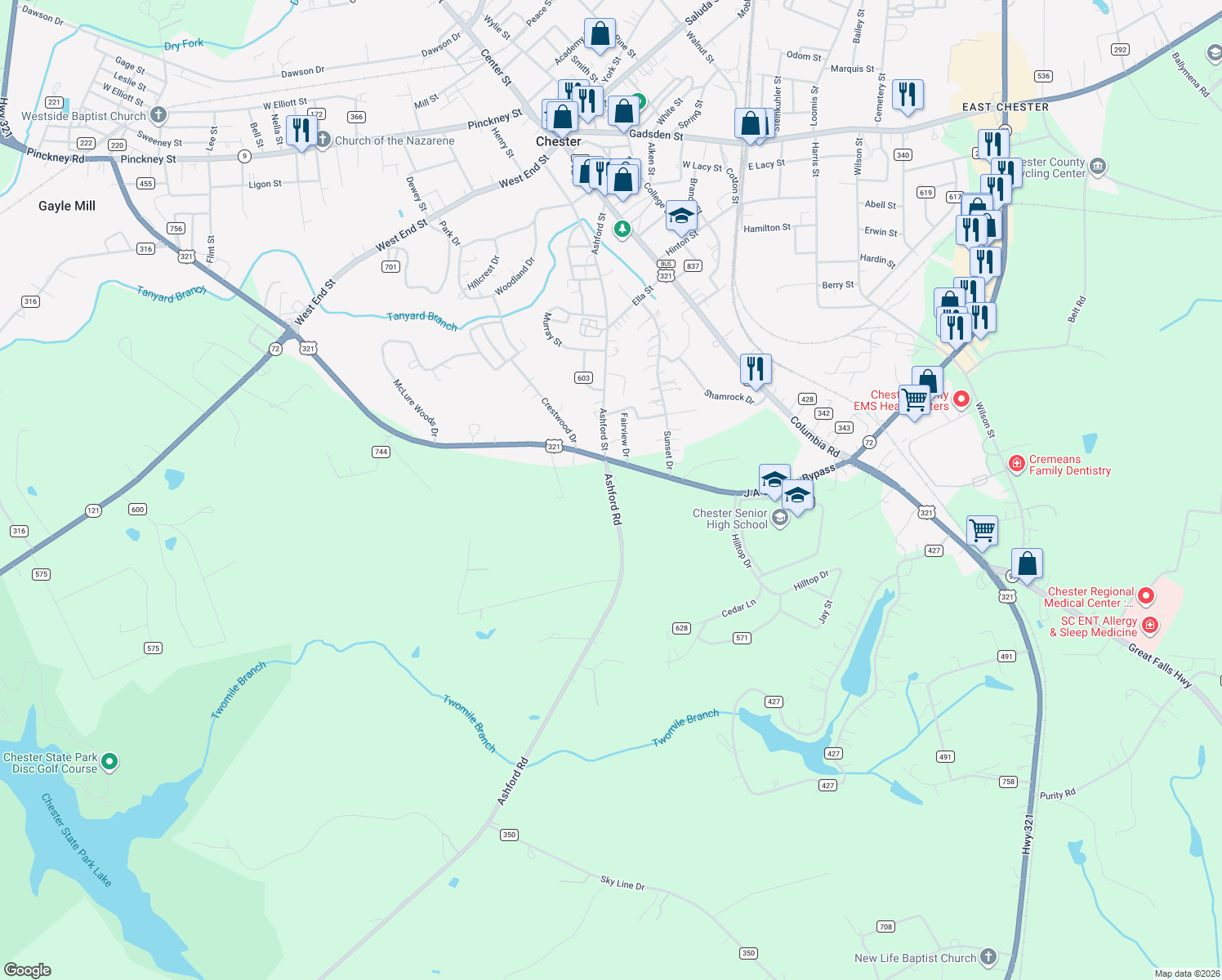 map of restaurants, bars, coffee shops, grocery stores, and more near 510 Ashford Road in Chester