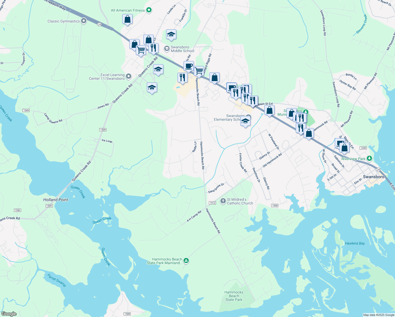 map of restaurants, bars, coffee shops, grocery stores, and more near 1003 Marlot Court in Swansboro