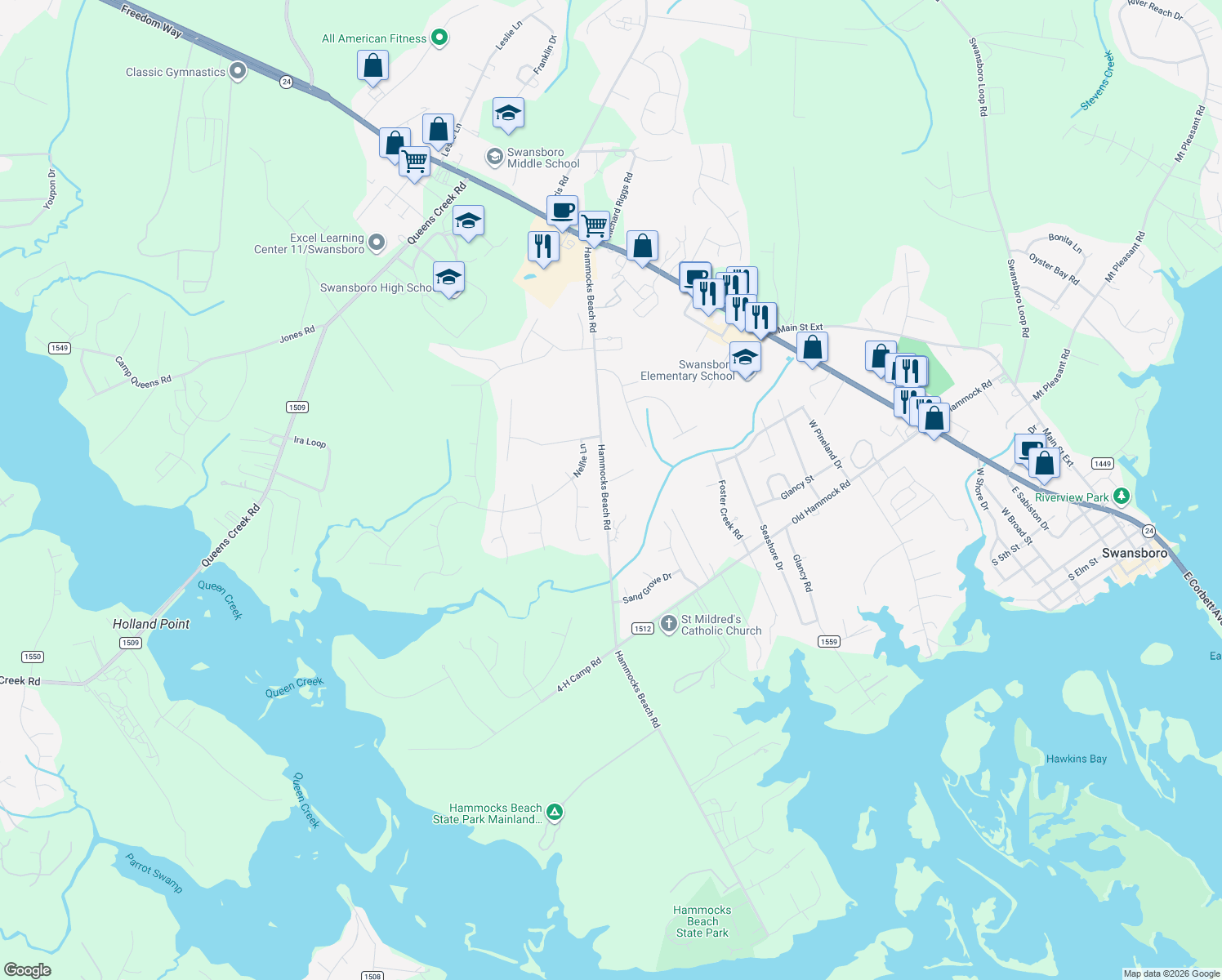 map of restaurants, bars, coffee shops, grocery stores, and more near 2100 Holly Hills Court in Swansboro