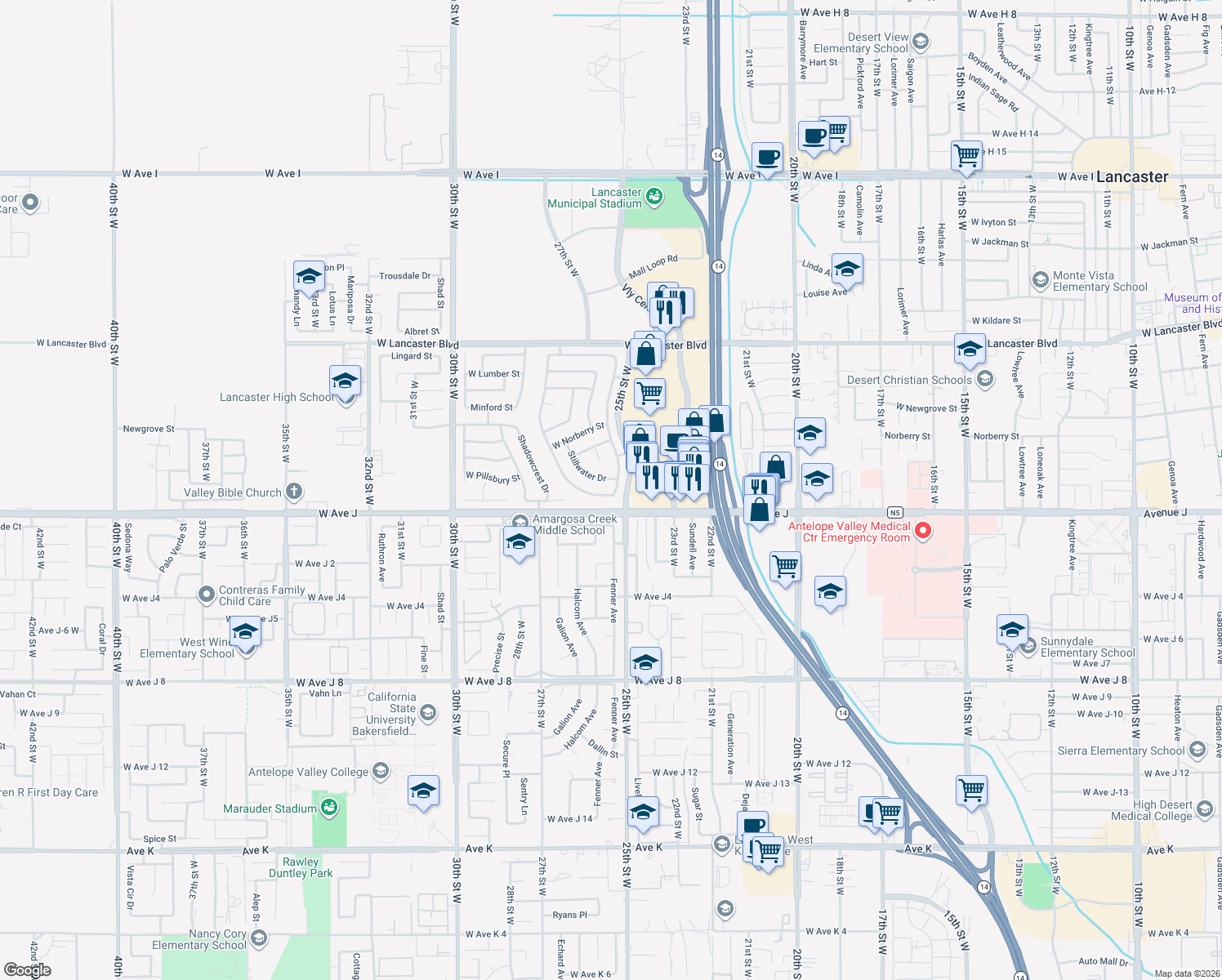 map of restaurants, bars, coffee shops, grocery stores, and more near 2521 Overland Avenue in Lancaster