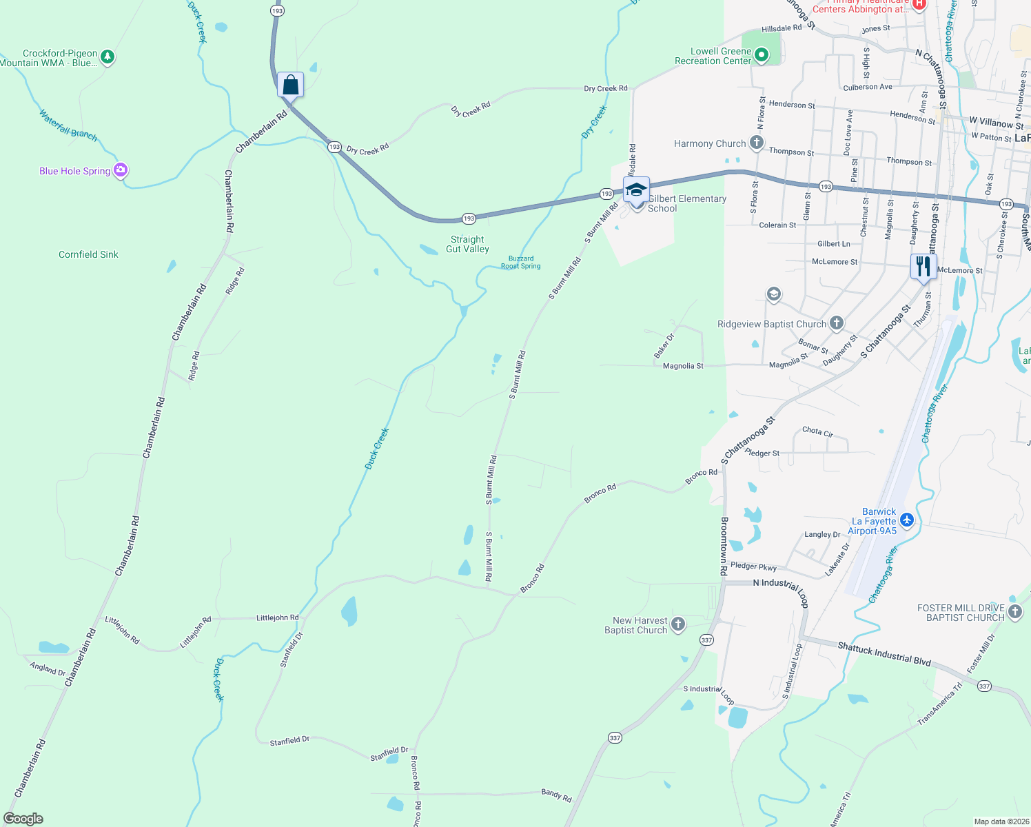 map of restaurants, bars, coffee shops, grocery stores, and more near 899 South Burnt Mill Road in LaFayette