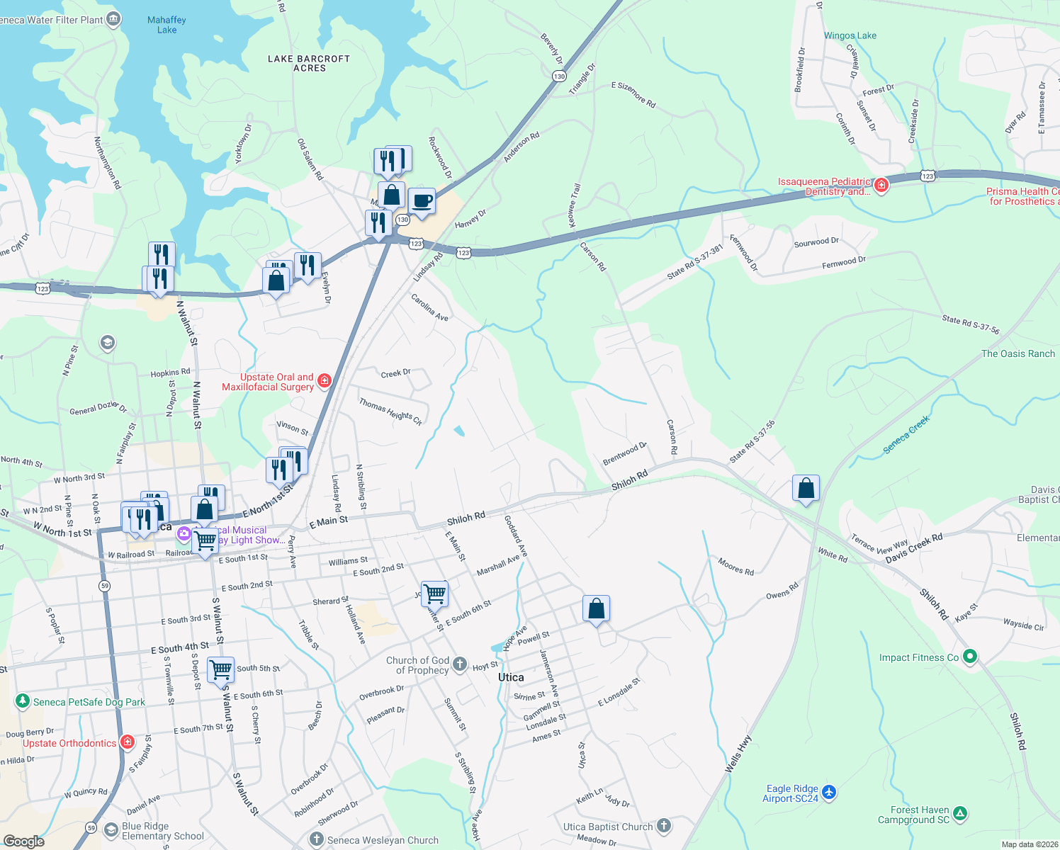 map of restaurants, bars, coffee shops, grocery stores, and more near 606 Providence Point Dr in Seneca