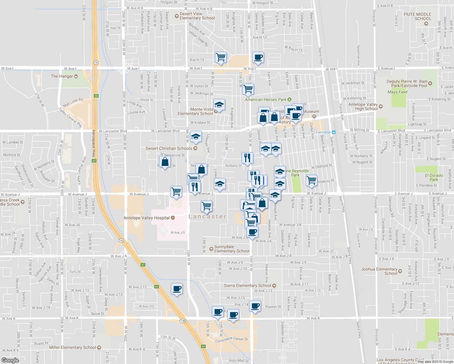 map of restaurants, bars, coffee shops, grocery stores, and more near 1135 Pillsbury Street in Lancaster