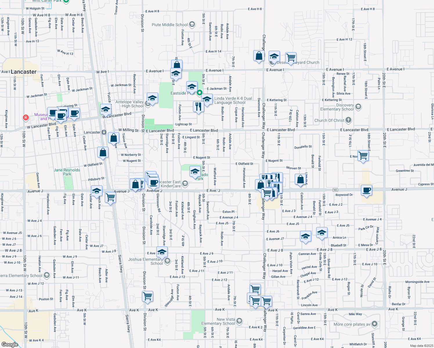 map of restaurants, bars, coffee shops, grocery stores, and more near 44504 Watford Ave in Lancaster