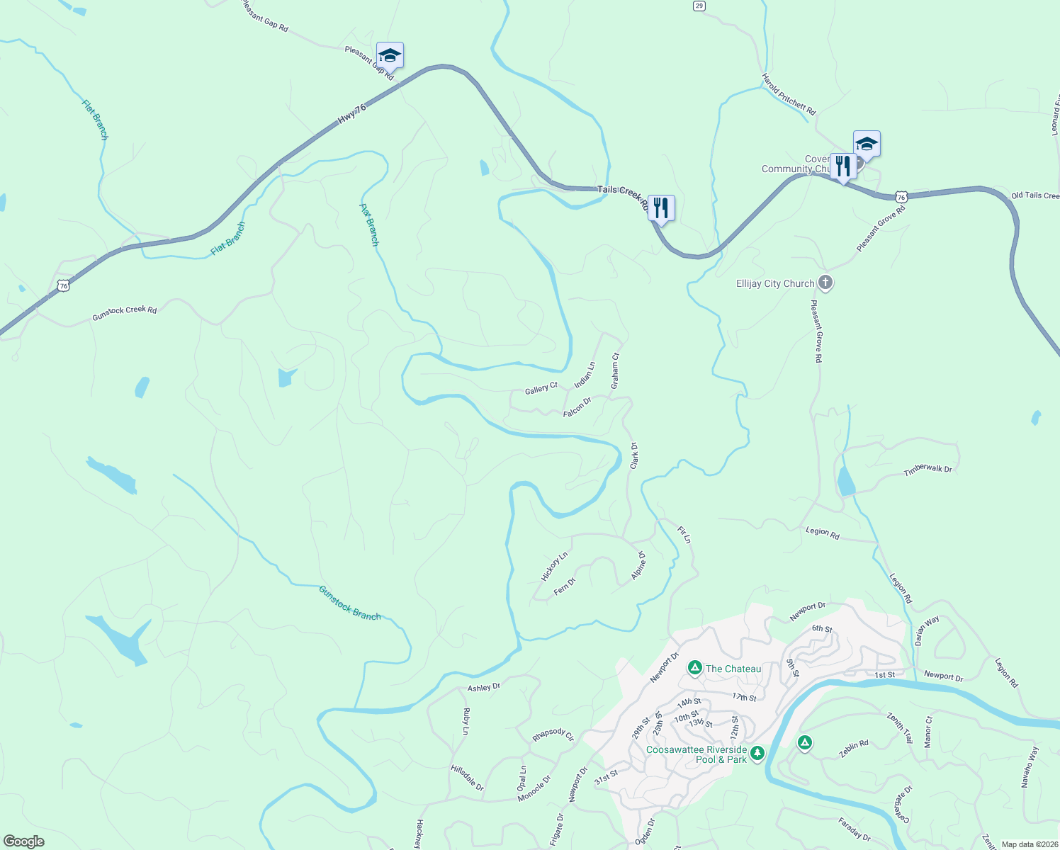 map of restaurants, bars, coffee shops, grocery stores, and more near 398 Clark Trail in Ellijay