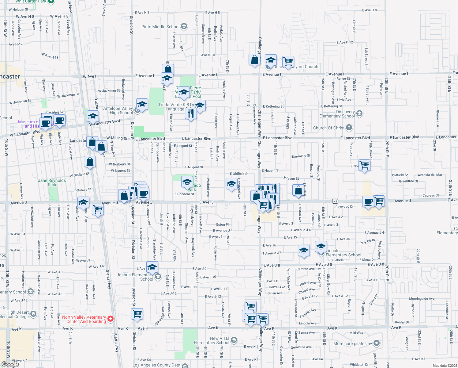 map of restaurants, bars, coffee shops, grocery stores, and more near 44509 North Tabler Avenue in Lancaster