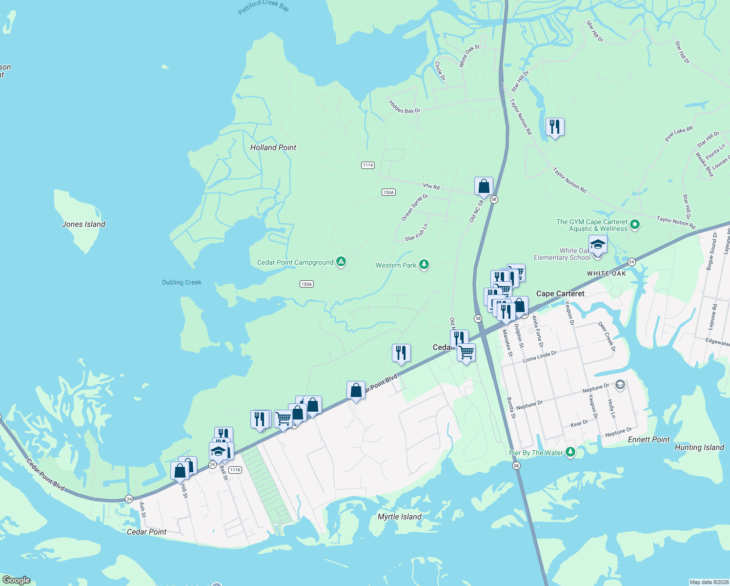 map of restaurants, bars, coffee shops, grocery stores, and more near 619 Ocean Spray Drive in Swansboro