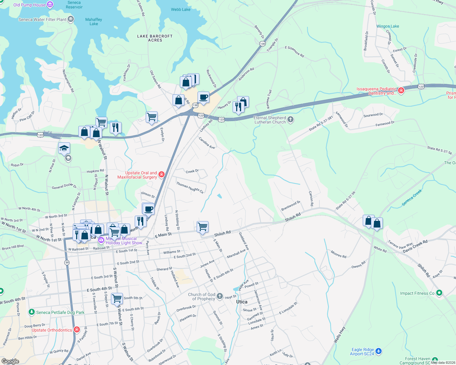 map of restaurants, bars, coffee shops, grocery stores, and more near 328 Ravens View Drive in Seneca