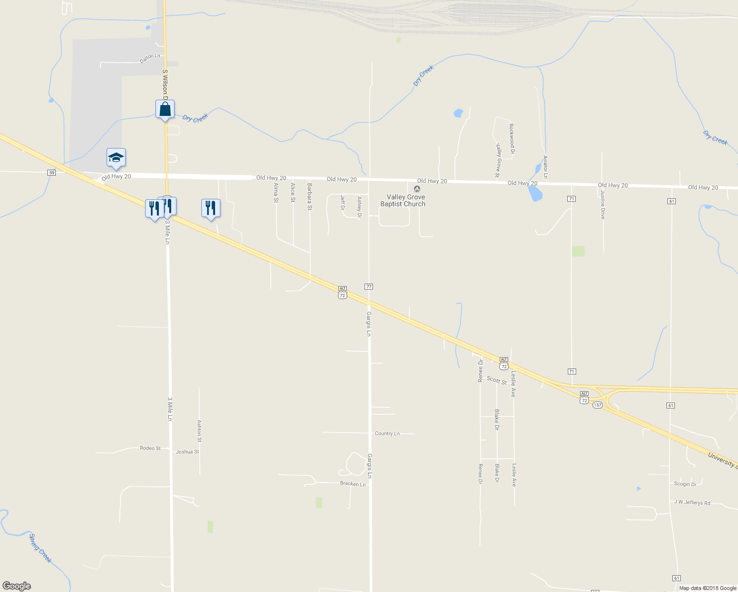 map of restaurants, bars, coffee shops, grocery stores, and more near Gargis Lane in Tuscumbia