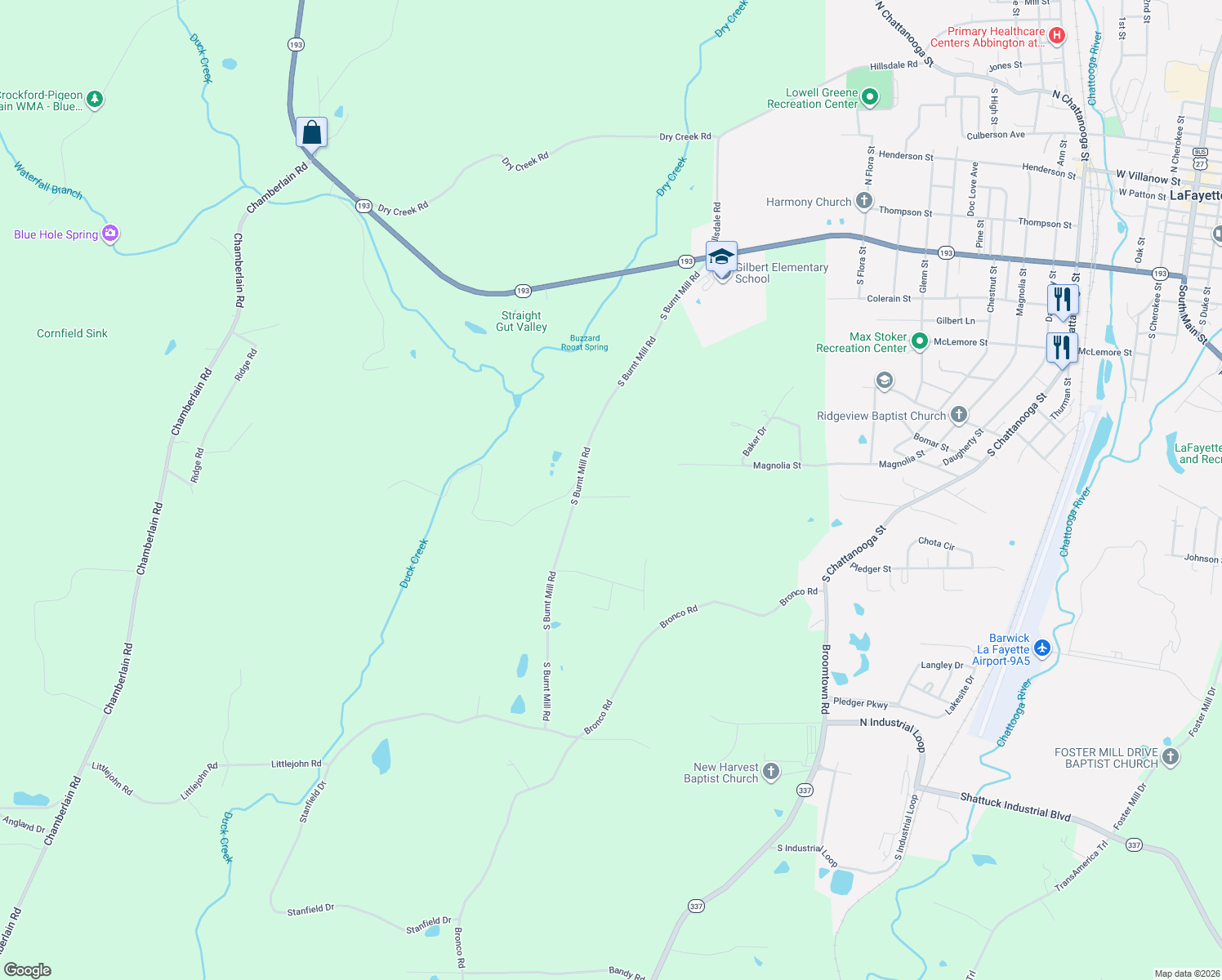 map of restaurants, bars, coffee shops, grocery stores, and more near 97 Bates Drive in LaFayette
