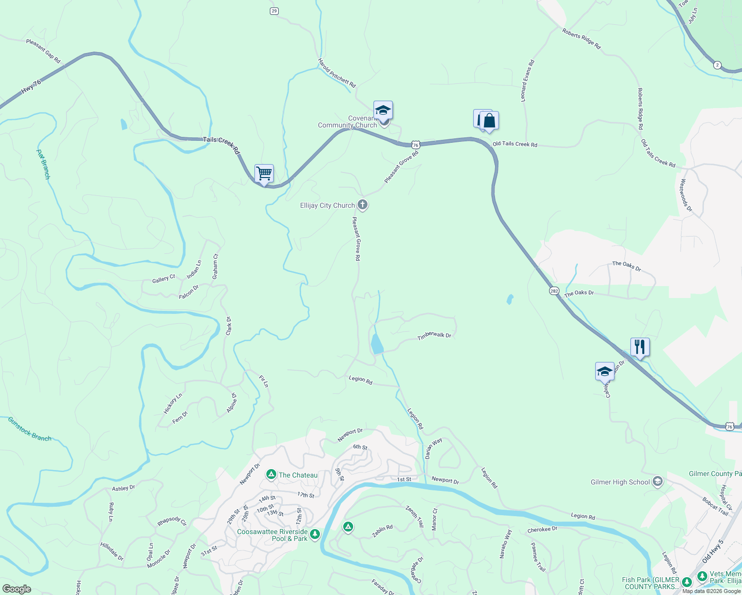 map of restaurants, bars, coffee shops, grocery stores, and more near 186 Standing Rock Lane in Ellijay