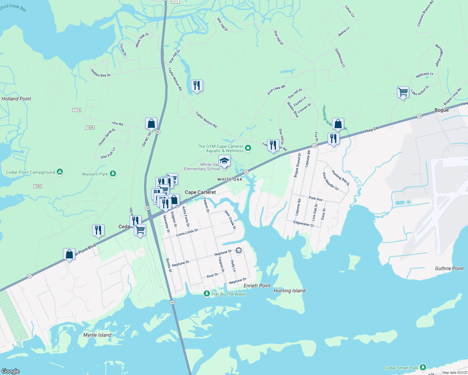 map of restaurants, bars, coffee shops, grocery stores, and more near 105 Cape Point Blvd in Cape Carteret