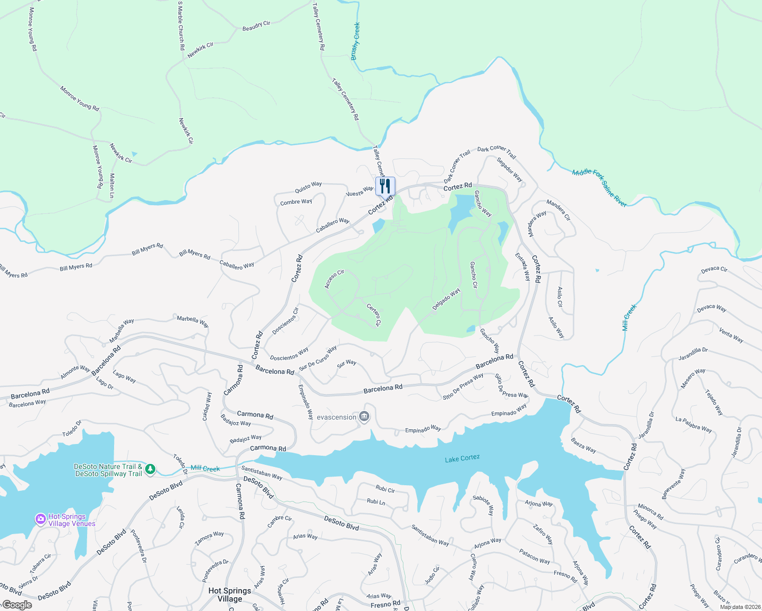 map of restaurants, bars, coffee shops, grocery stores, and more near 4 Certero Lane in Hot Springs