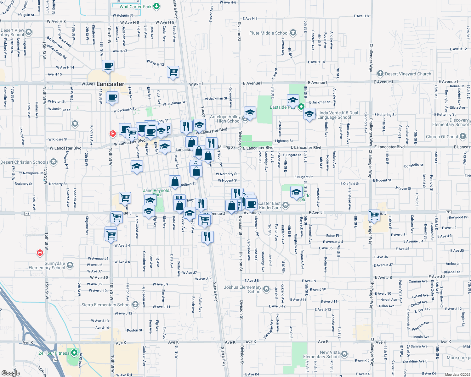 map of restaurants, bars, coffee shops, grocery stores, and more near 44545 Division Street in Lancaster