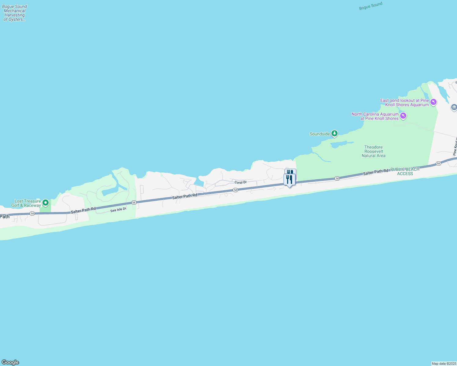 map of restaurants, bars, coffee shops, grocery stores, and more near 561 Coral Ridge Rd in Pine Knoll Shores