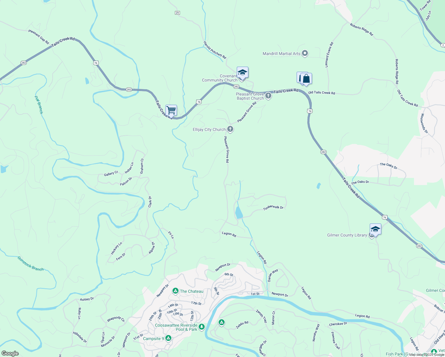 map of restaurants, bars, coffee shops, grocery stores, and more near Sunset Grove Lane in Ellijay
