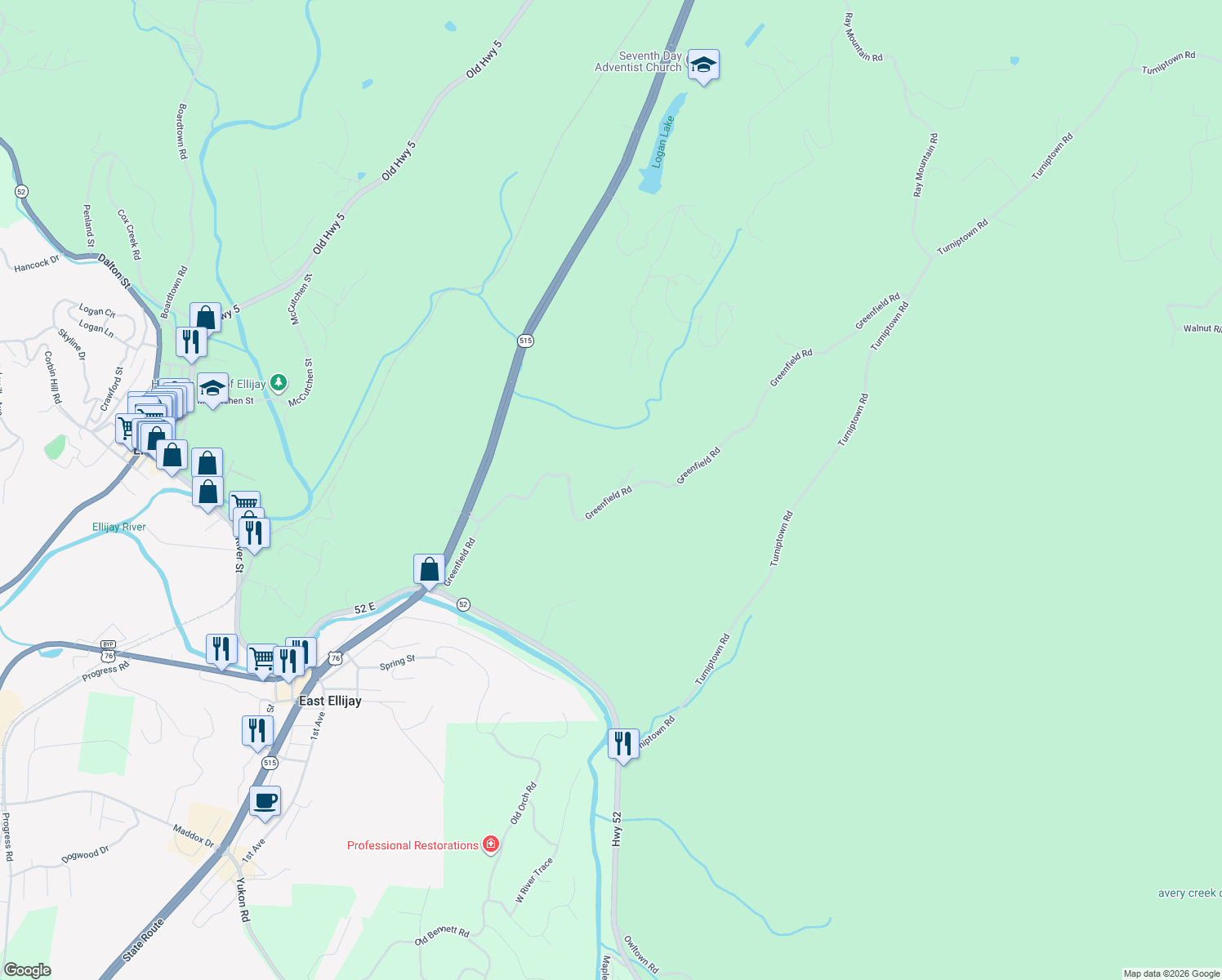 map of restaurants, bars, coffee shops, grocery stores, and more near 603 Greenfield Road in Ellijay