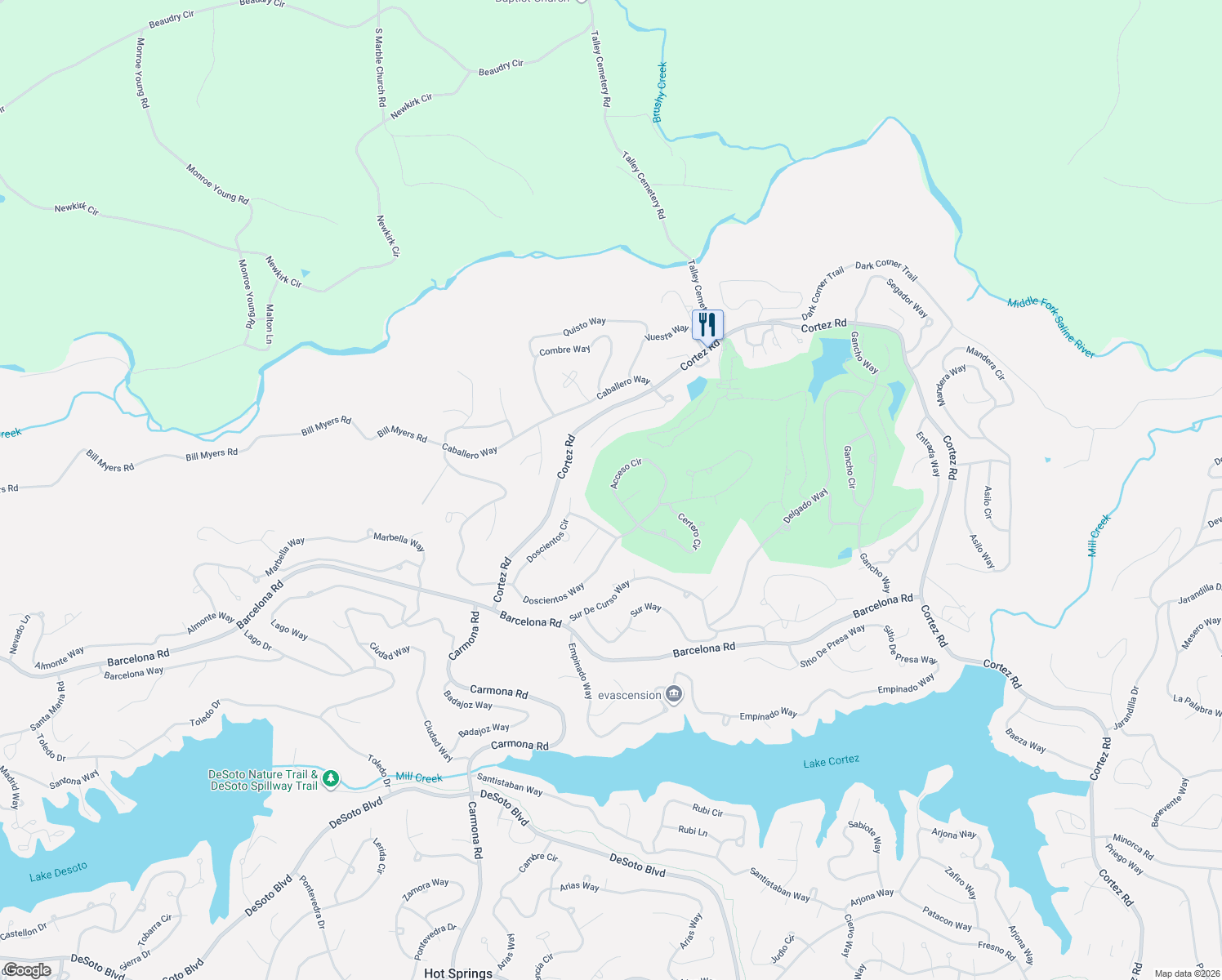 map of restaurants, bars, coffee shops, grocery stores, and more near 16 Acceso Circle in Hot Springs