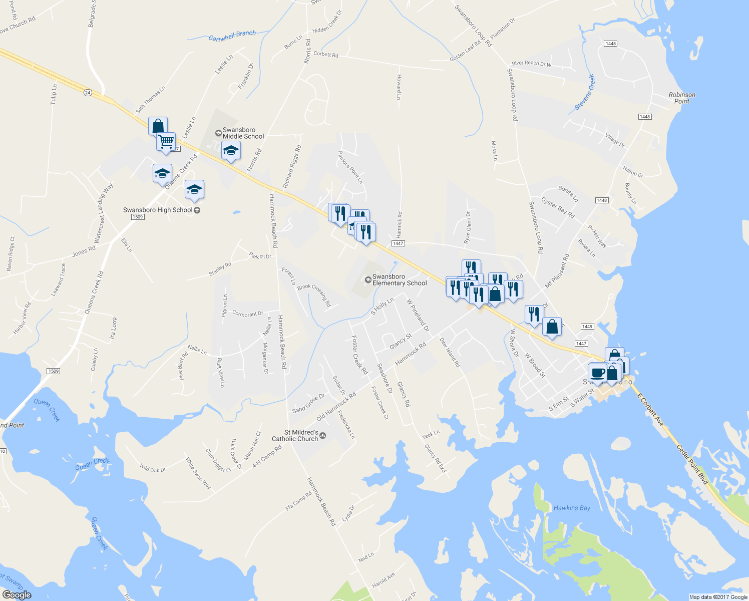 map of restaurants, bars, coffee shops, grocery stores, and more near 803 North Dogwood Lane in Swansboro