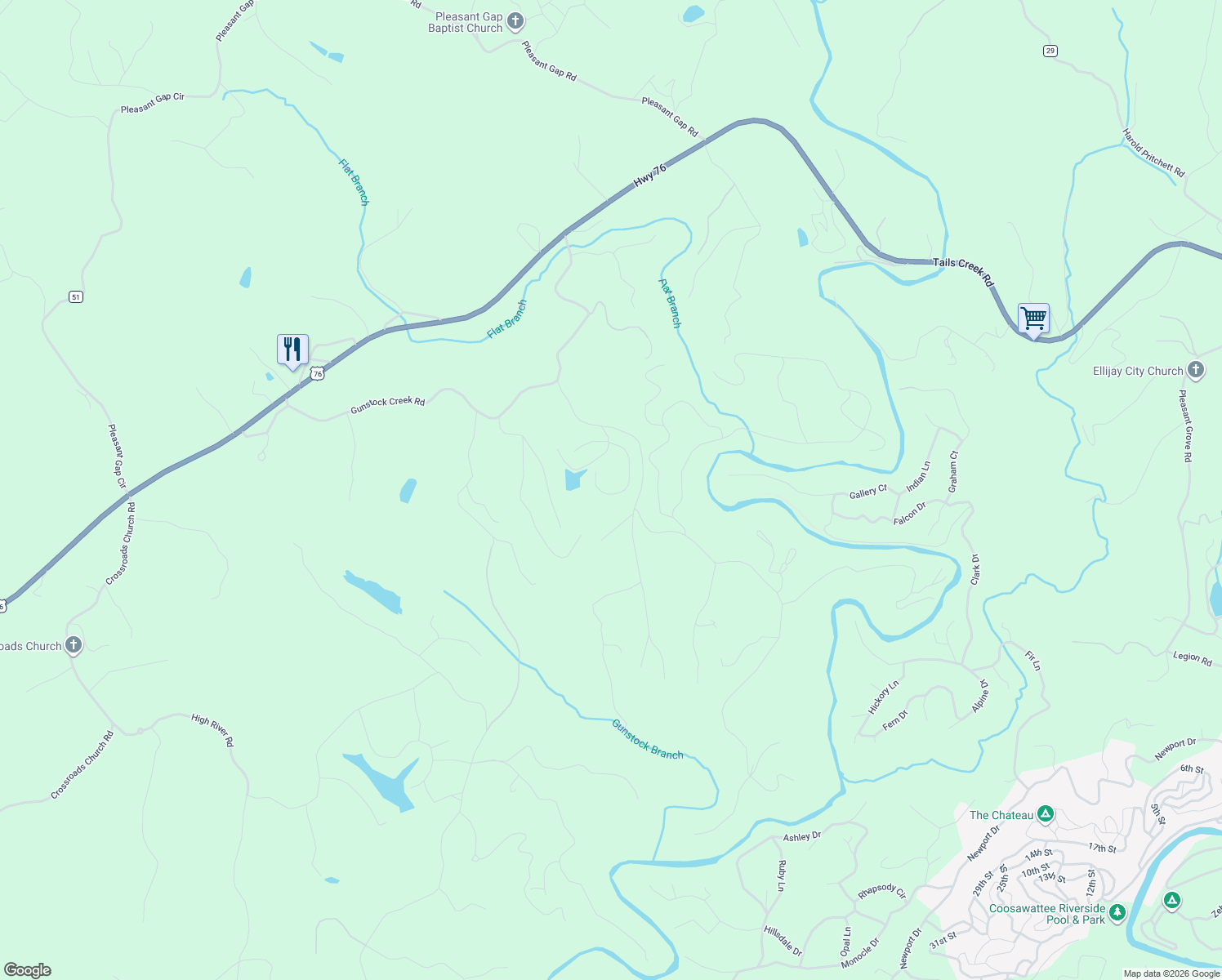 map of restaurants, bars, coffee shops, grocery stores, and more near 222 Dogwood Circle in Ellijay