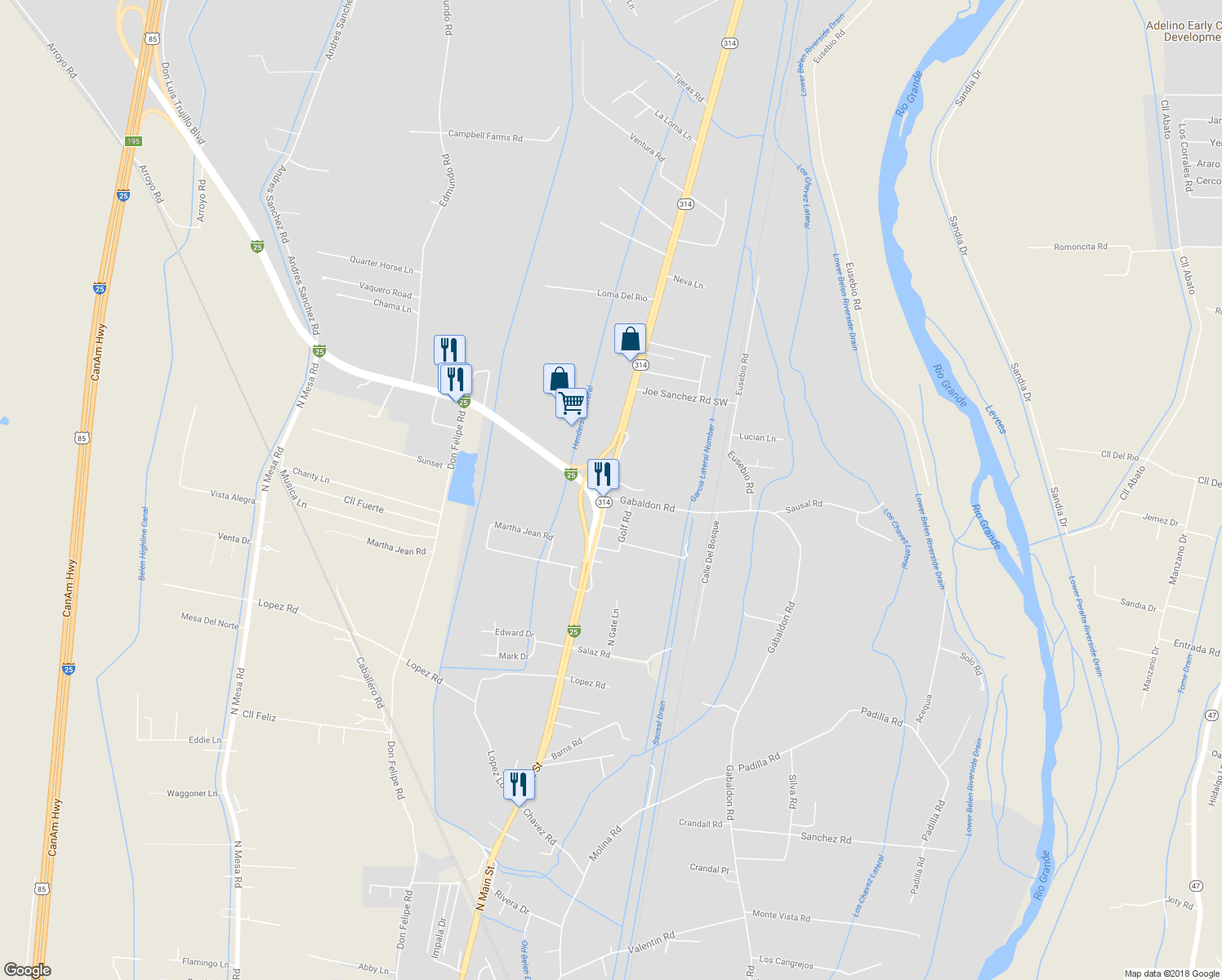 map of restaurants, bars, coffee shops, grocery stores, and more near 1402 Frontage Road in Belen