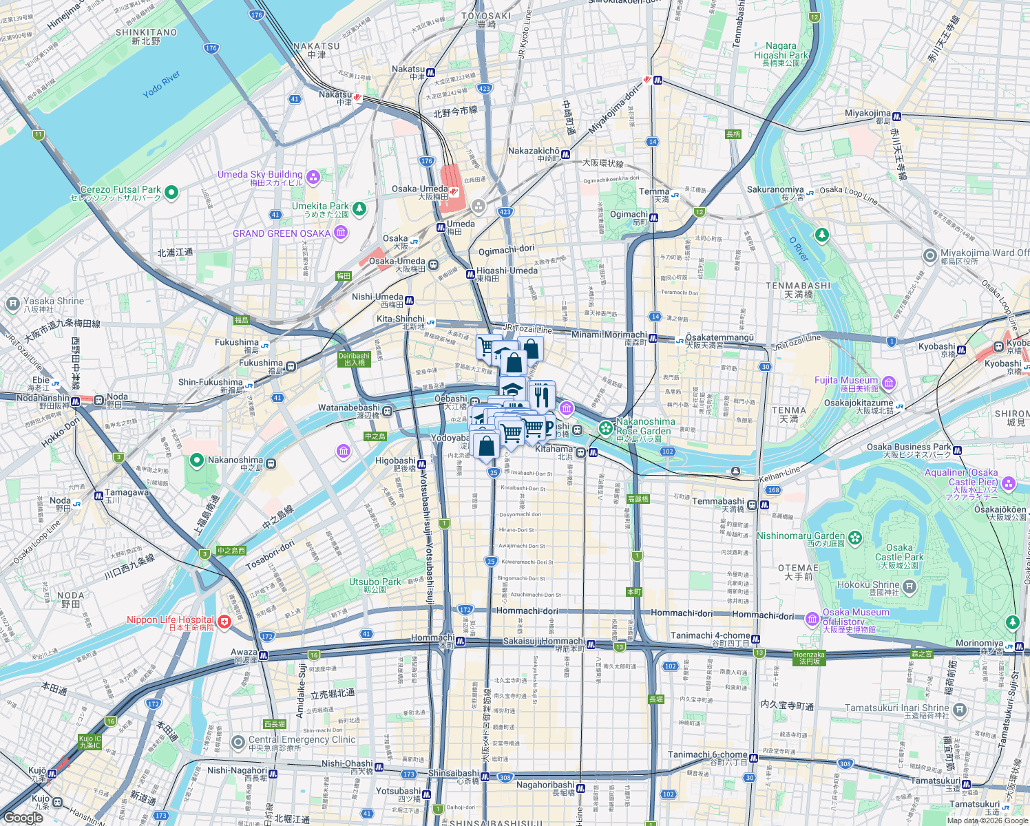 map of restaurants, bars, coffee shops, grocery stores, and more near in Osaka