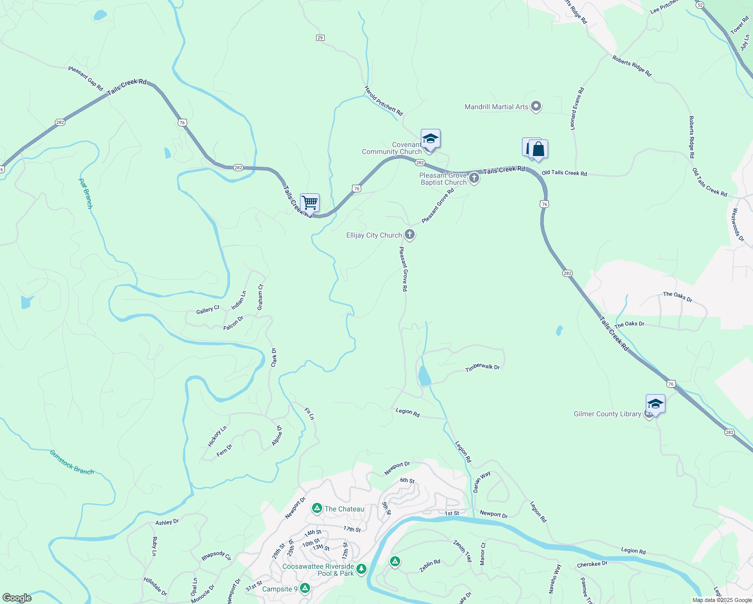 map of restaurants, bars, coffee shops, grocery stores, and more near Sunset Grove Lane in Ellijay