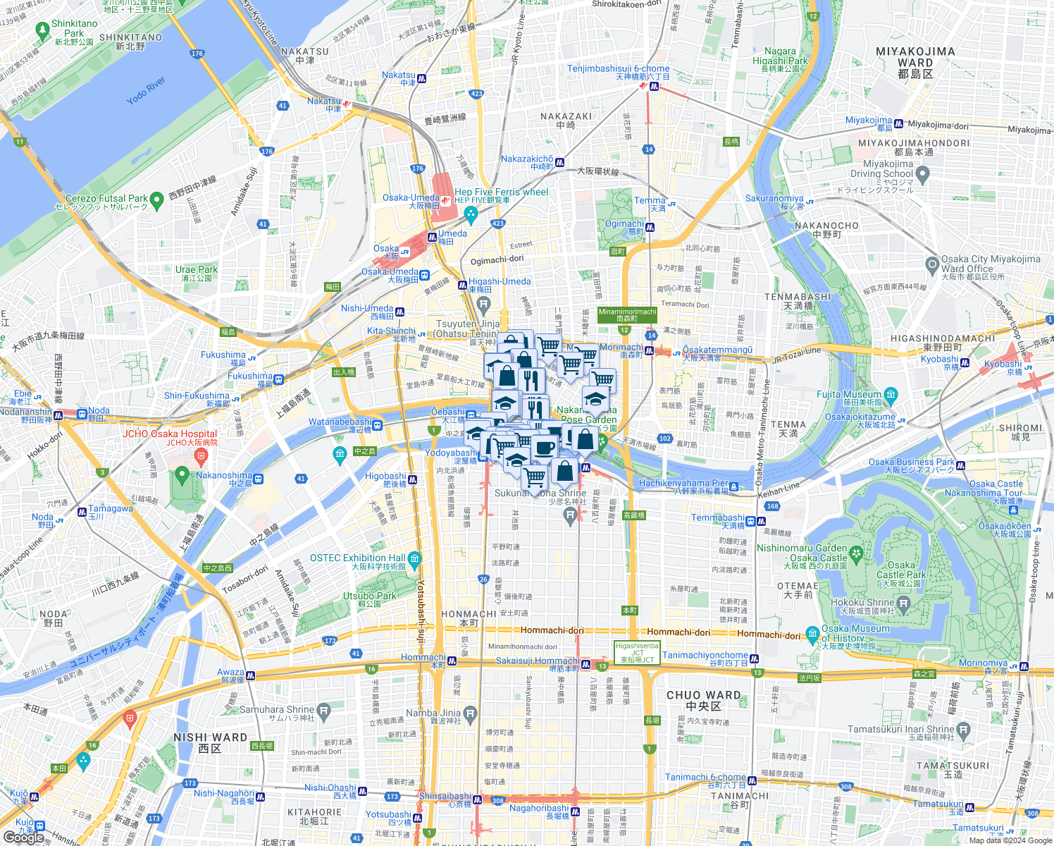 map of restaurants, bars, coffee shops, grocery stores, and more near in Ōsaka-shi