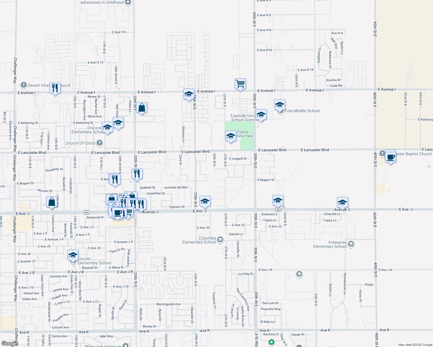 map of restaurants, bars, coffee shops, grocery stores, and more near 44628 26th Street East in Lancaster
