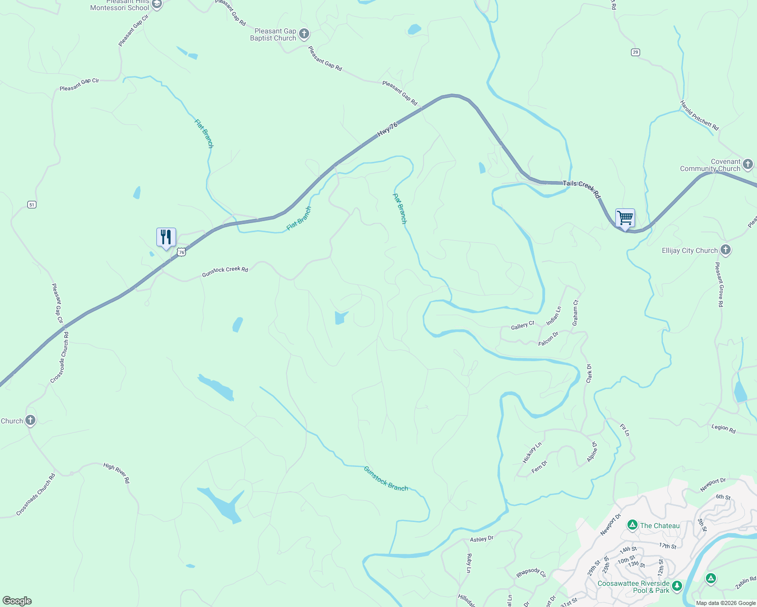 map of restaurants, bars, coffee shops, grocery stores, and more near 360 Hicks Ford Road in Ellijay