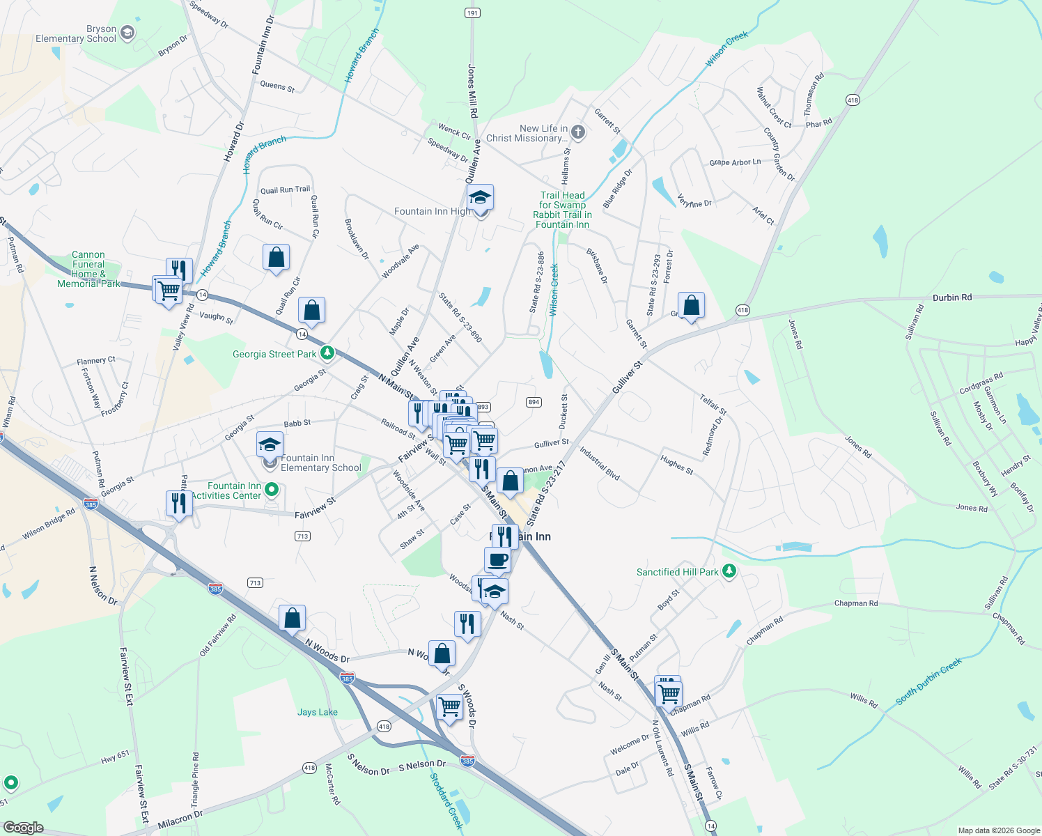 map of restaurants, bars, coffee shops, grocery stores, and more near 210 Inn Circle in Fountain Inn