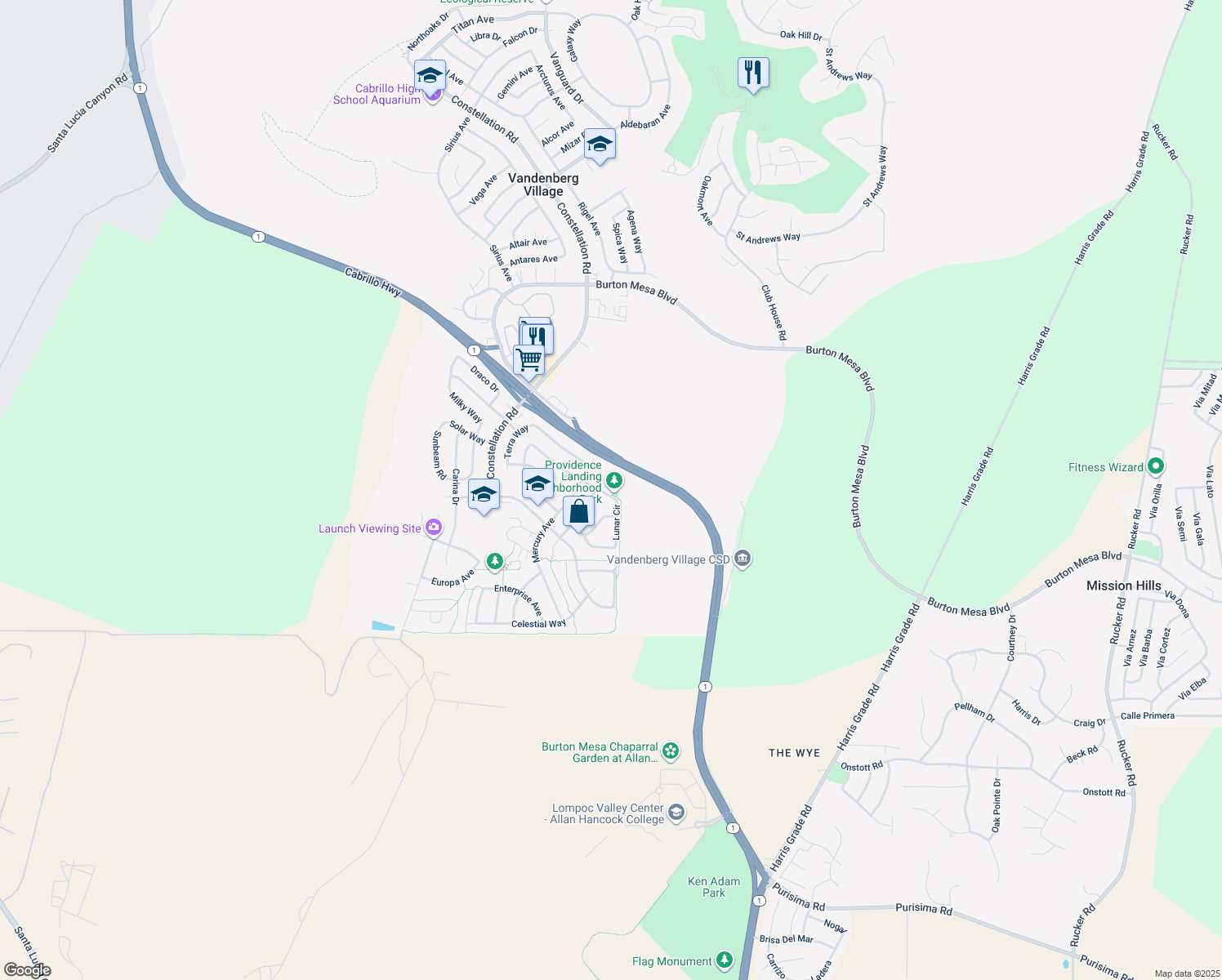 map of restaurants, bars, coffee shops, grocery stores, and more near 3763 Uranus Ave in Lompoc