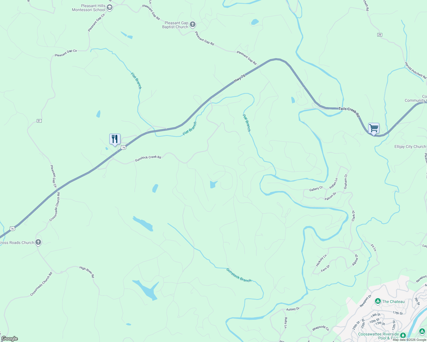 map of restaurants, bars, coffee shops, grocery stores, and more near 14-282 Banjo Way in Ellijay