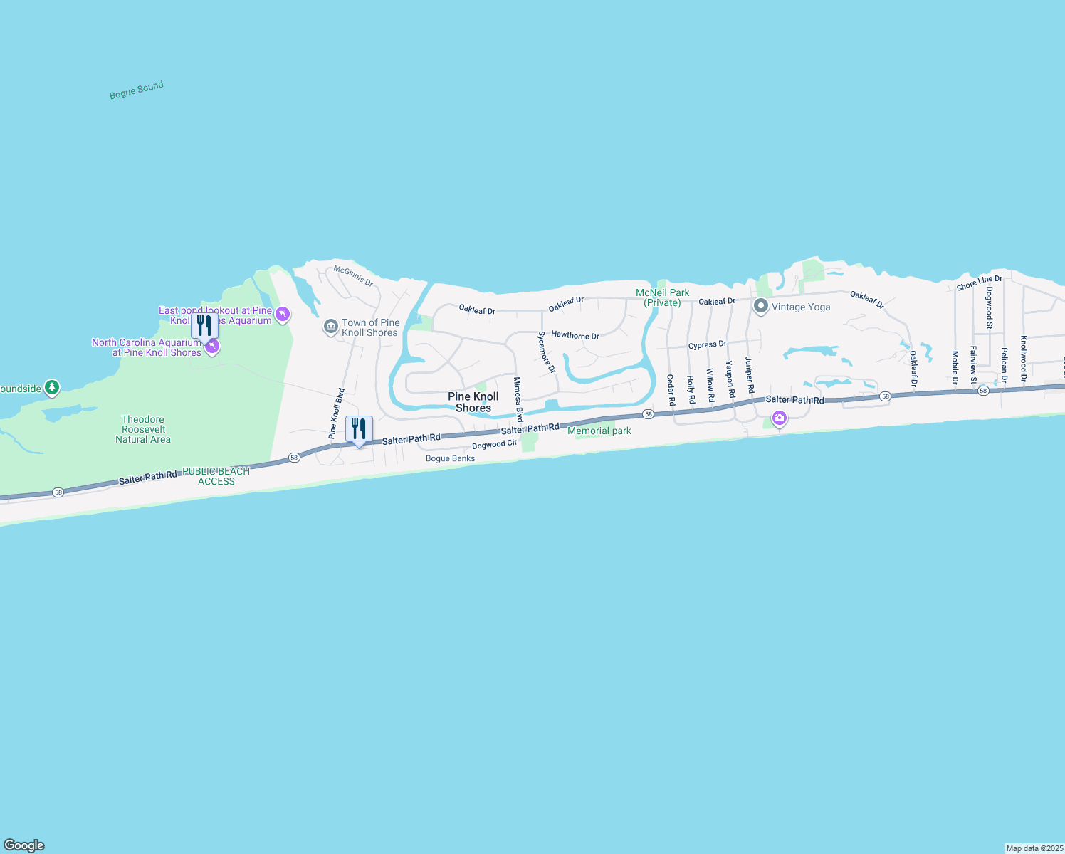 map of restaurants, bars, coffee shops, grocery stores, and more near 224 N Carolina 58 in Pine Knoll Shores