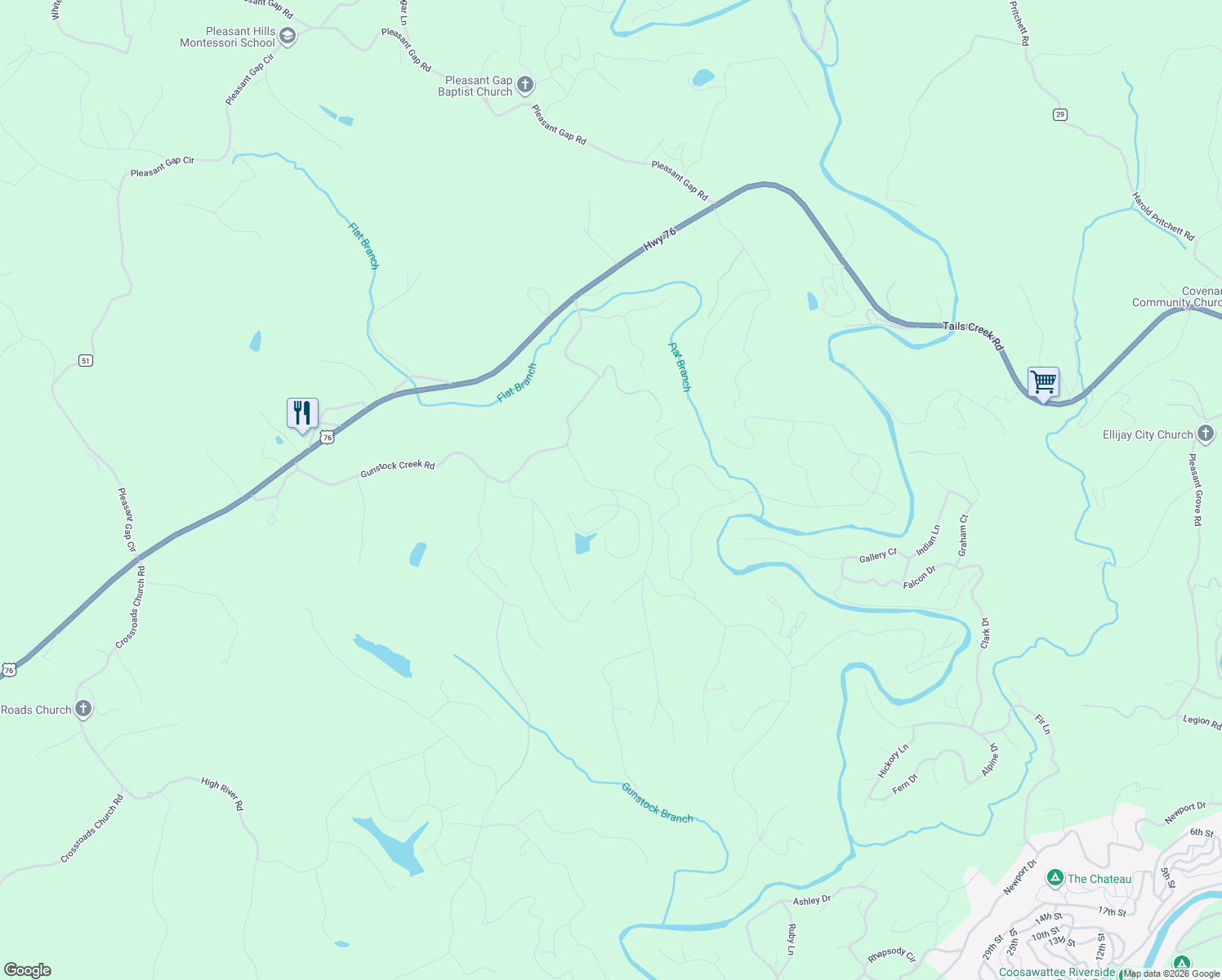map of restaurants, bars, coffee shops, grocery stores, and more near 180 Hicks Ford Road in Ellijay