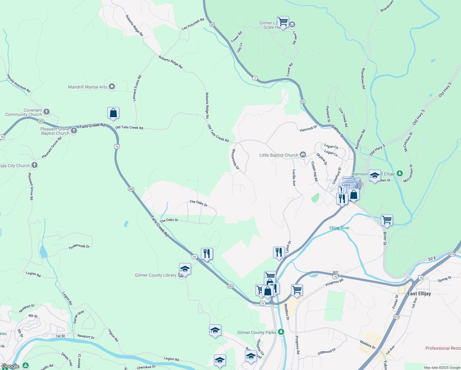 map of restaurants, bars, coffee shops, grocery stores, and more near 140 Woodland Drive in Ellijay
