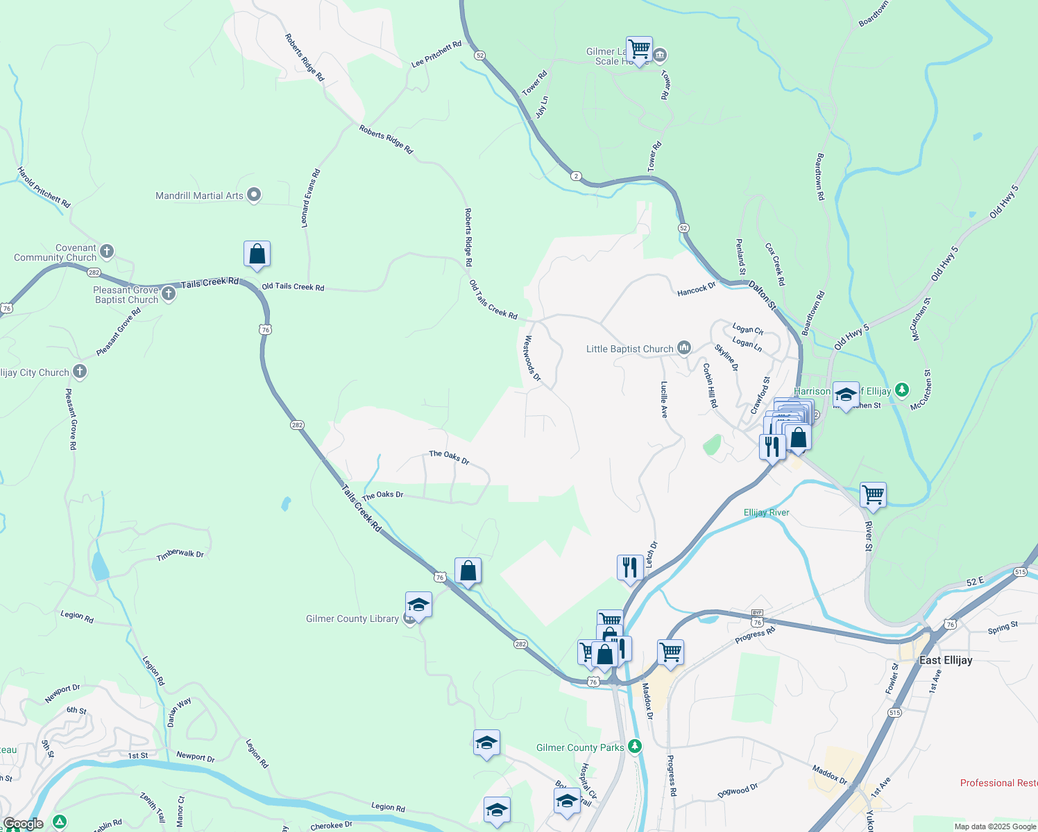 map of restaurants, bars, coffee shops, grocery stores, and more near 140 Woodland Drive in Ellijay