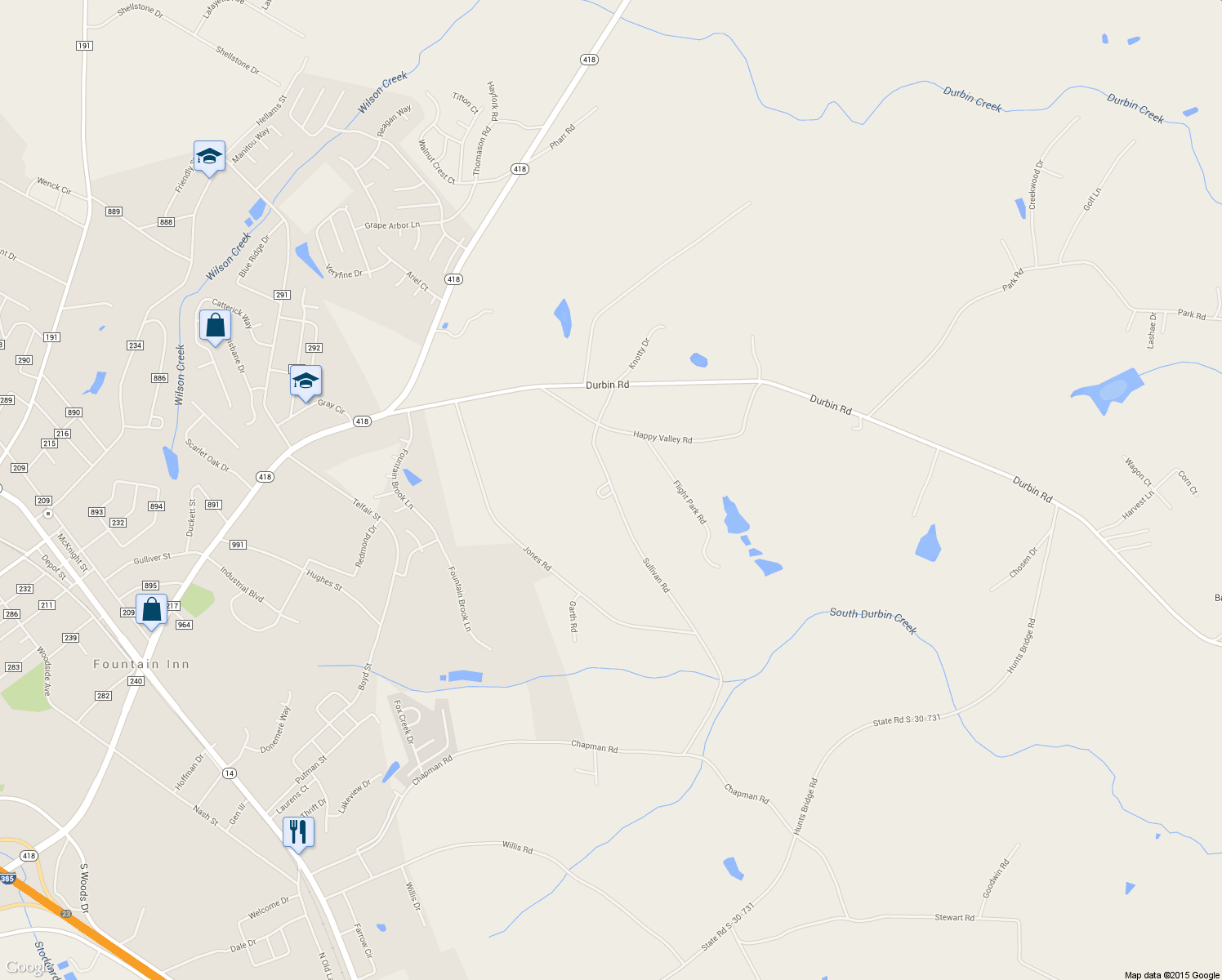 map of restaurants, bars, coffee shops, grocery stores, and more near 37 Hue Circle in Fountain Inn