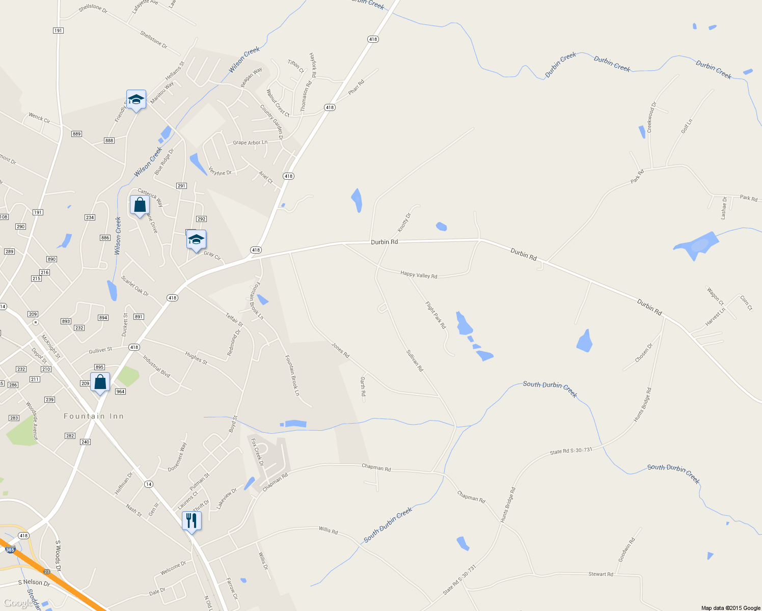 map of restaurants, bars, coffee shops, grocery stores, and more near 35 Hue Circle in Fountain Inn