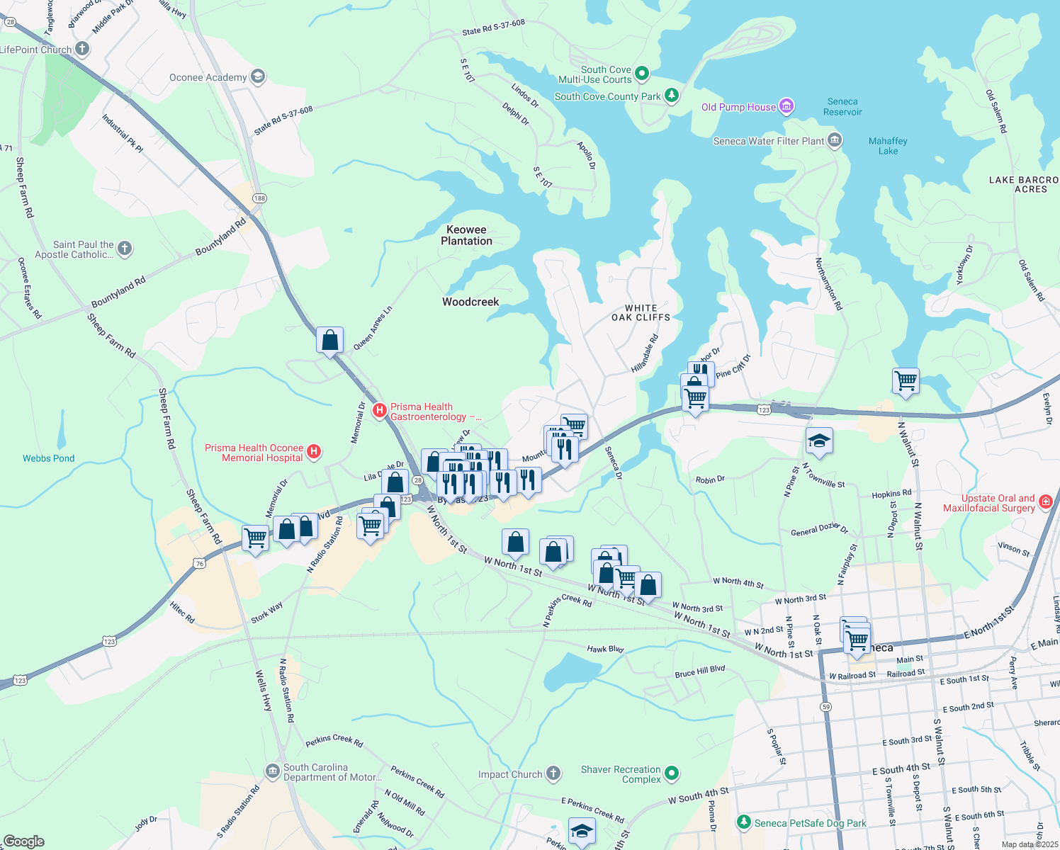 map of restaurants, bars, coffee shops, grocery stores, and more near 2147 Shea Lane in Seneca