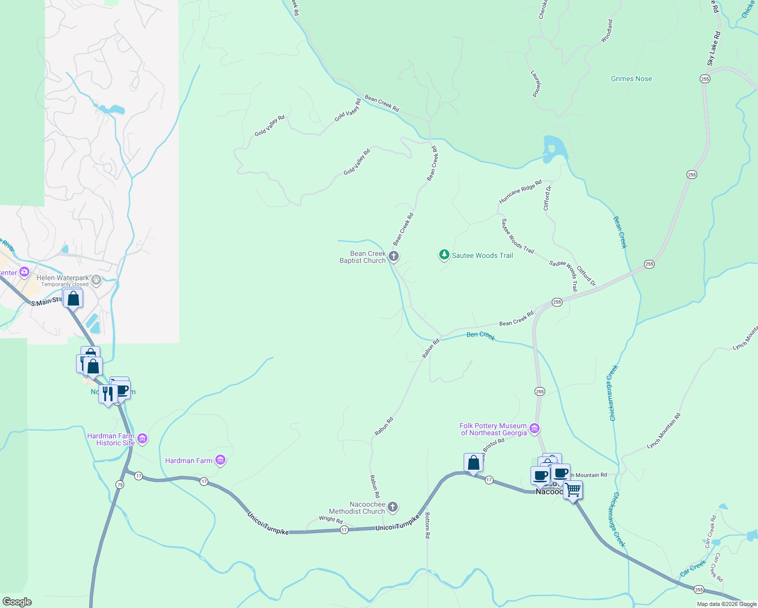 map of restaurants, bars, coffee shops, grocery stores, and more near 37 Button Quail Drive in Sautee Nacoochee
