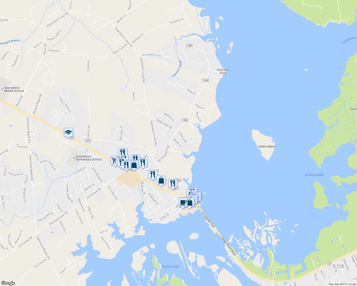 map of restaurants, bars, coffee shops, grocery stores, and more near 1164 Mt Pleasant Rd in Swansboro