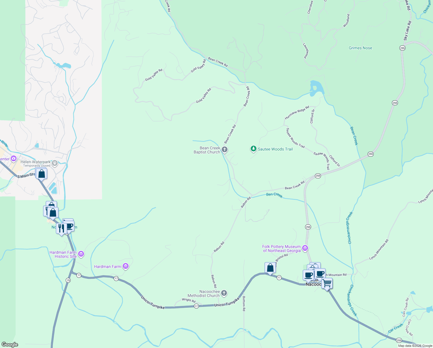 map of restaurants, bars, coffee shops, grocery stores, and more near 37 Button Quail Road in Sautee Nacoochee