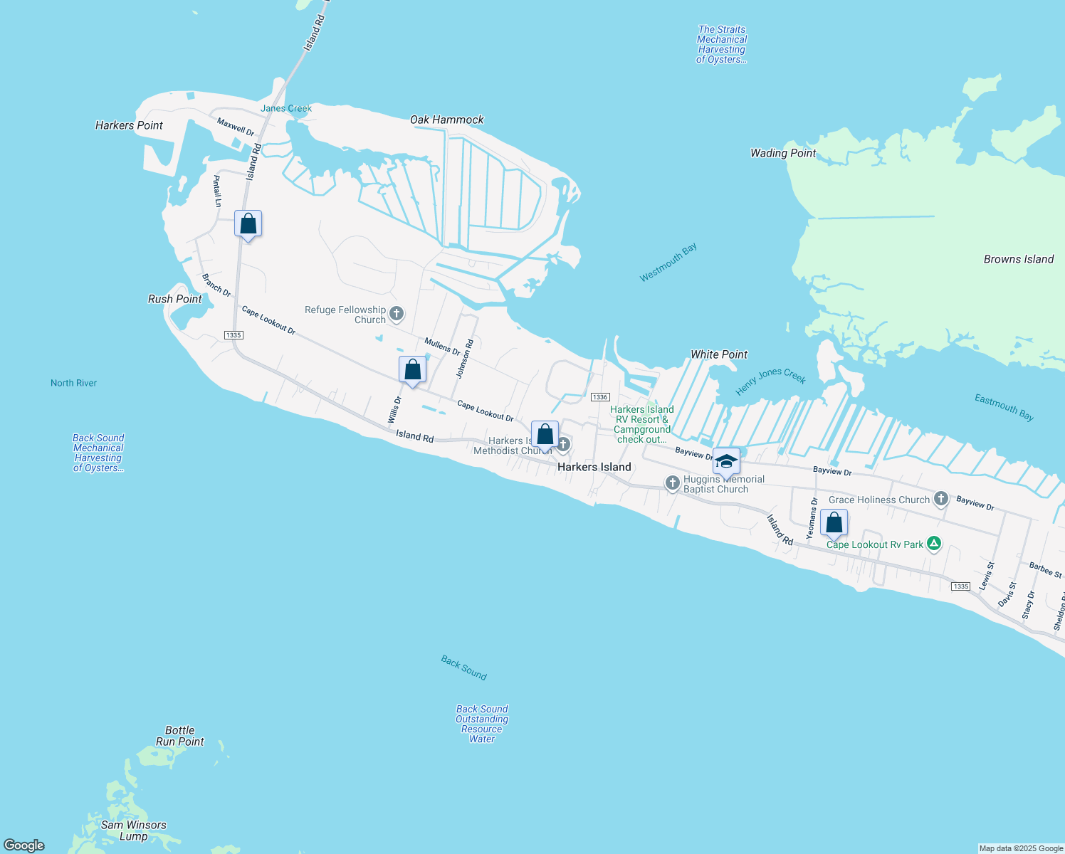 map of restaurants, bars, coffee shops, grocery stores, and more near 543 Cape Lookout Drive in Harkers Island