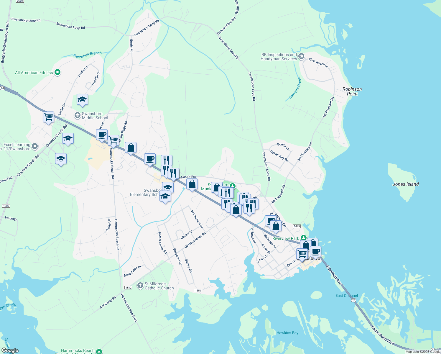 map of restaurants, bars, coffee shops, grocery stores, and more near 903 Main Street Ext in Swansboro