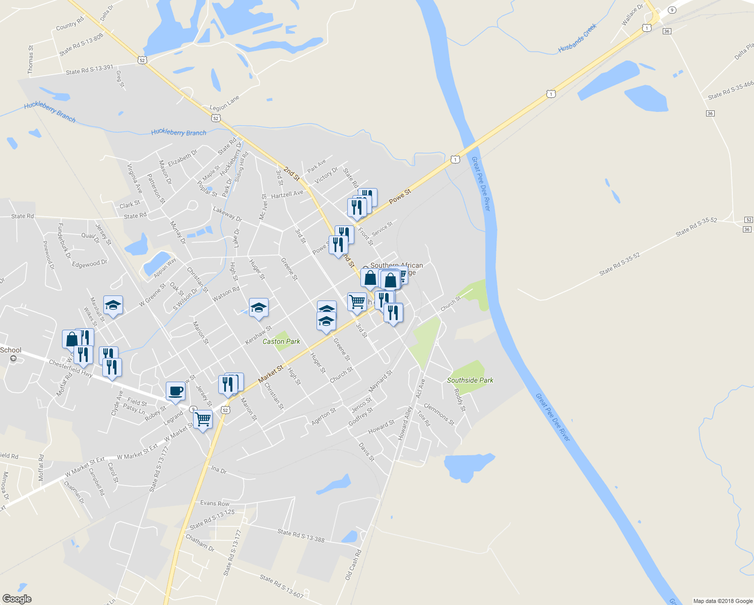 map of restaurants, bars, coffee shops, grocery stores, and more near U.S. 52 in Cheraw