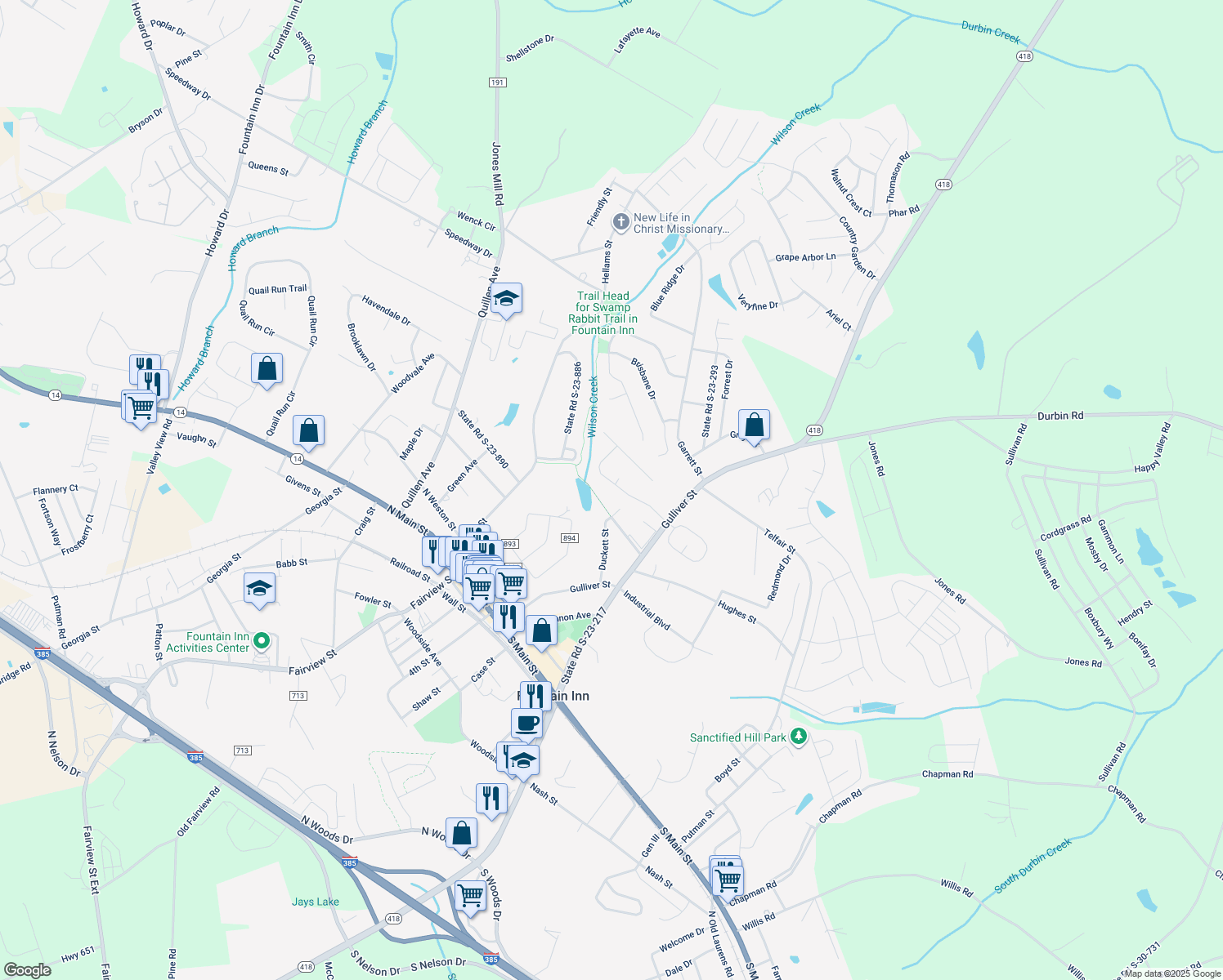 map of restaurants, bars, coffee shops, grocery stores, and more near 425 Scarlet Oak Drive in Fountain Inn