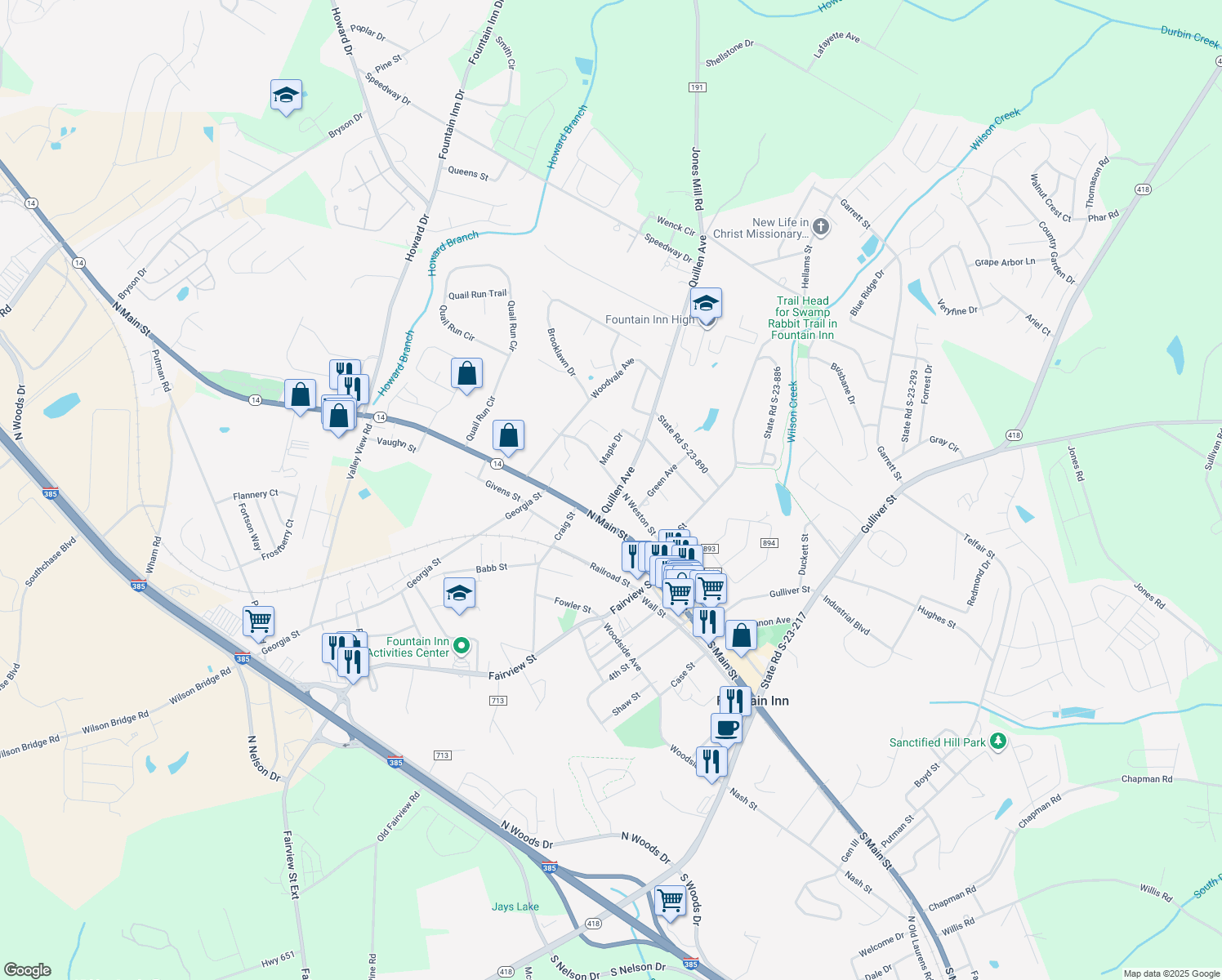map of restaurants, bars, coffee shops, grocery stores, and more near 105 Quillen Avenue in Fountain Inn