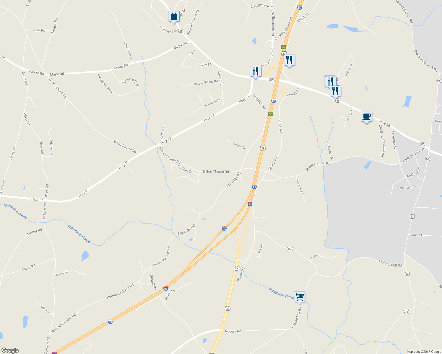 map of restaurants, bars, coffee shops, grocery stores, and more near 1313 Shiloh Church Road in Piedmont