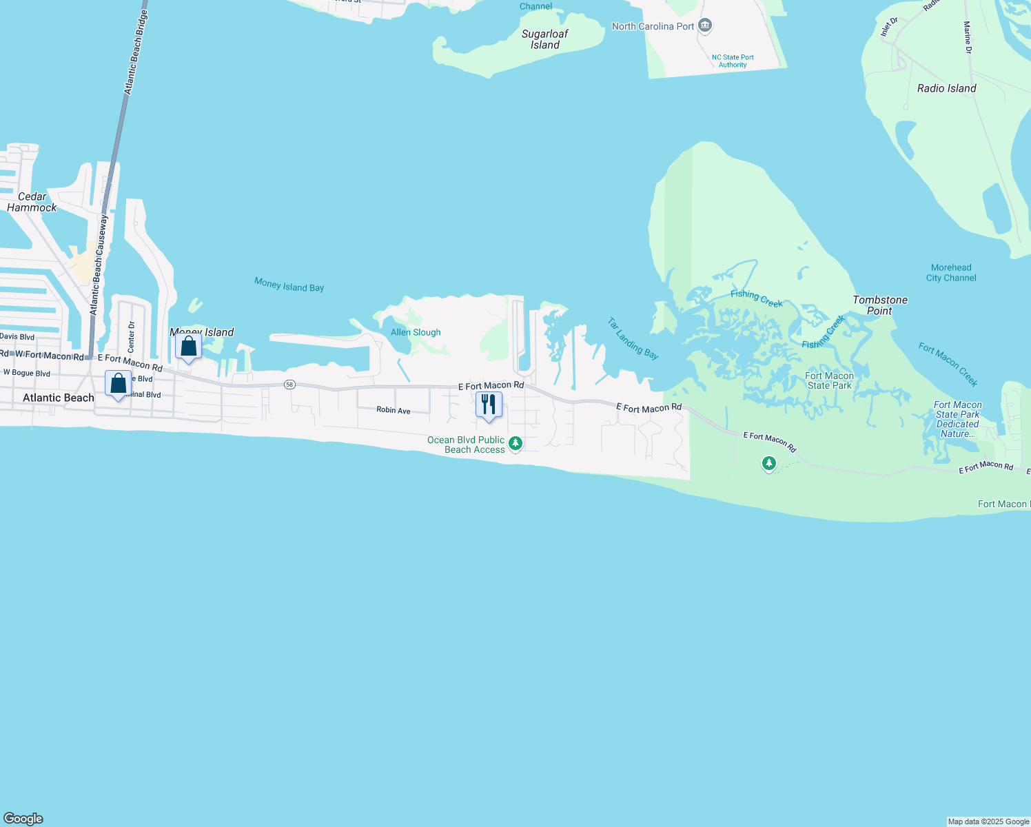 map of restaurants, bars, coffee shops, grocery stores, and more near 103 Barefoot Lane in Atlantic Beach
